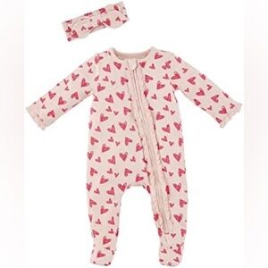Mud Pie Heart Ruffle Footed Romper with Headband Valentines Outfit